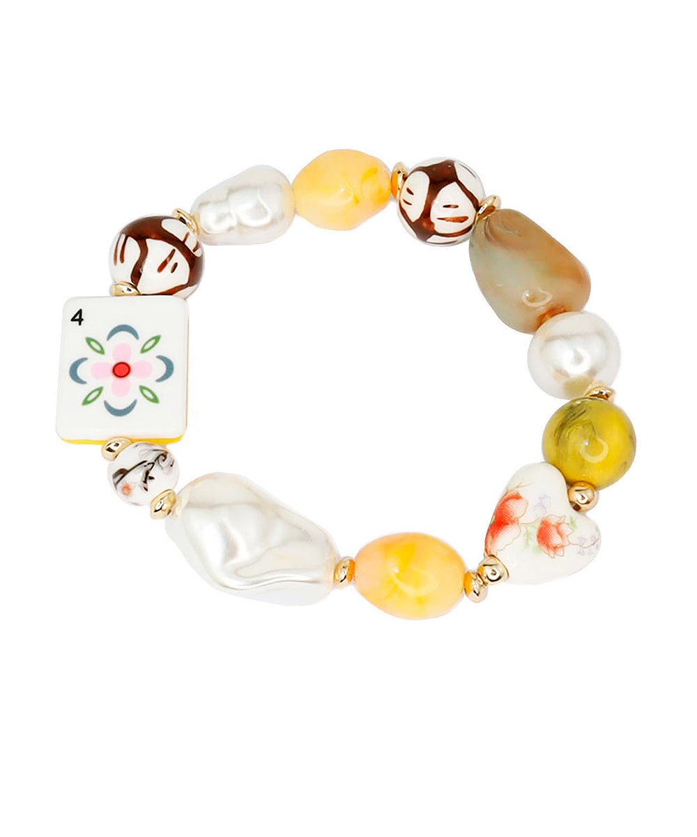 Mahjong Tile Pearl & Bead Bracelet - Flower/Yellow