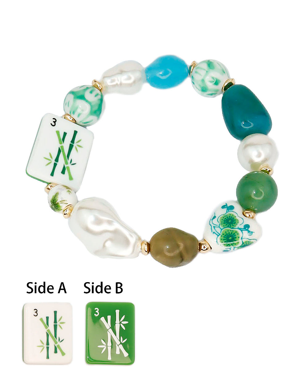 Mahjong Tile Pearl & Bead Bracelet - Bamboo/Green