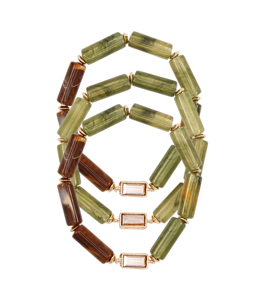3 Row Marble Tube Bracelet - Olive