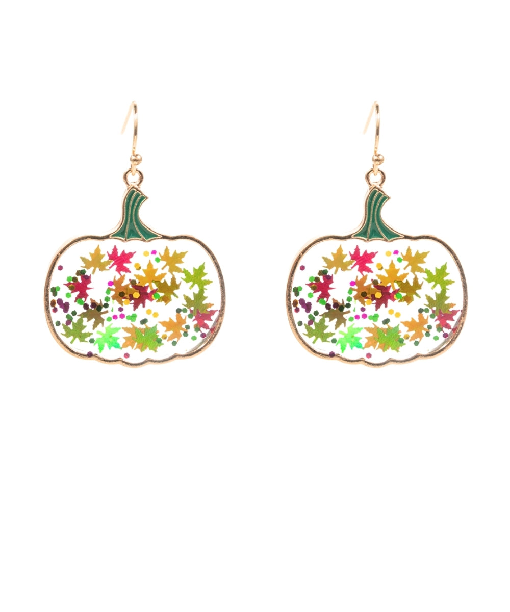 Thanksgiving Pumpkin w/Leaf Glitter Earrings - Multi