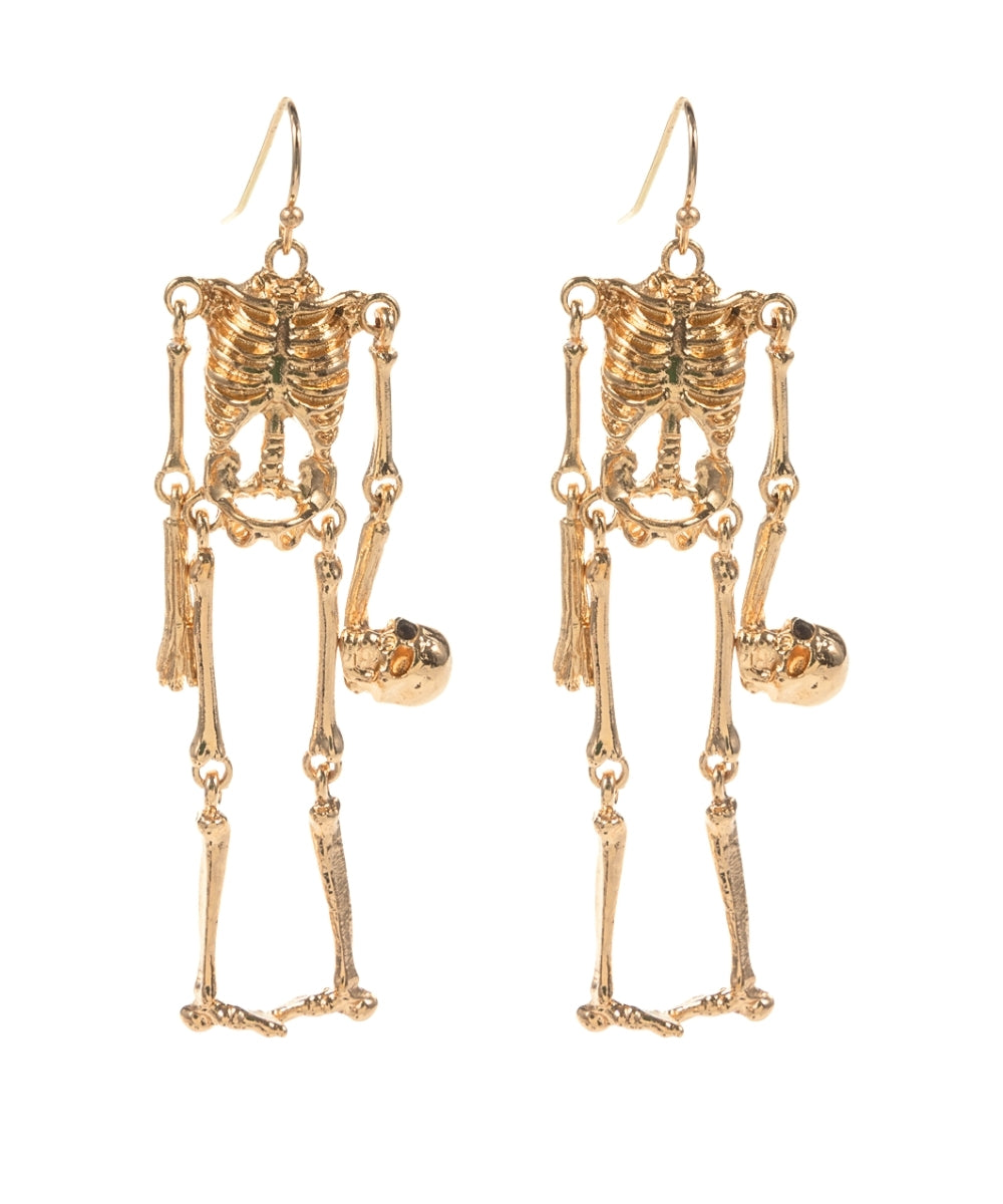 Halloween Skeleton Holding Skull Earrings - Gold