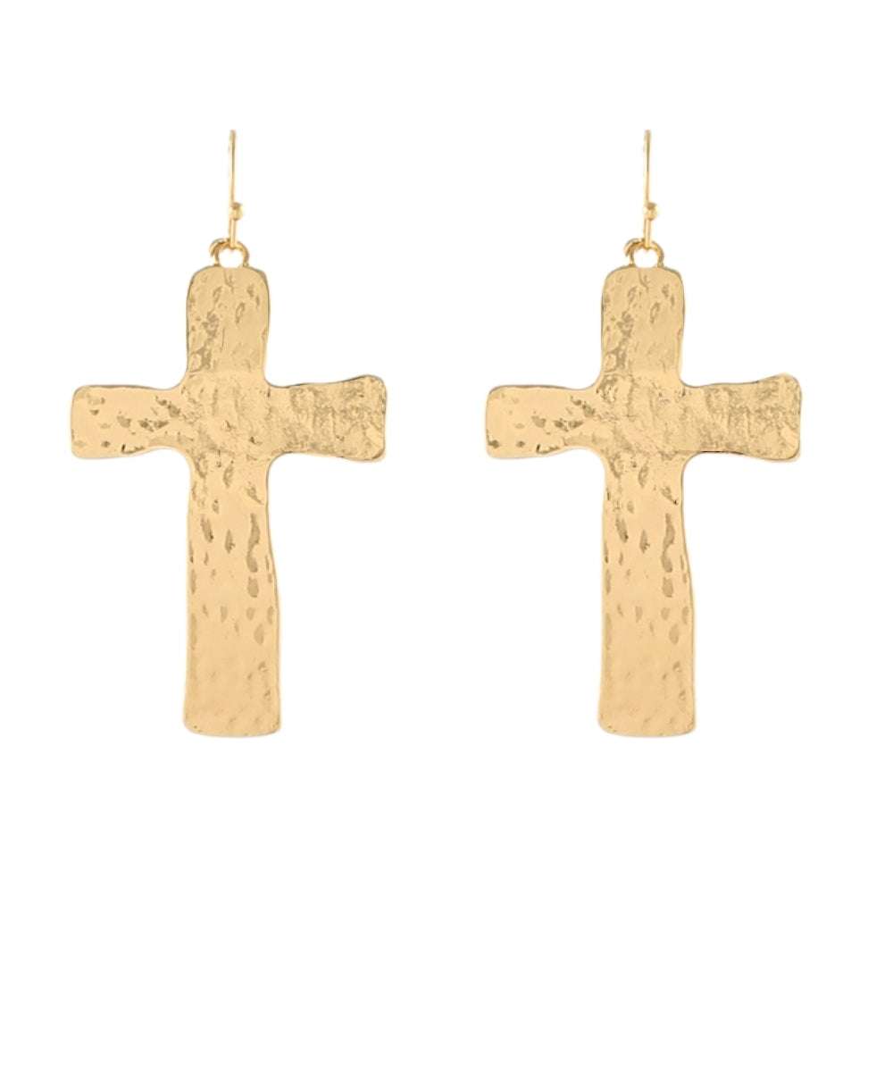 Hammered Cross Earrings - Gold