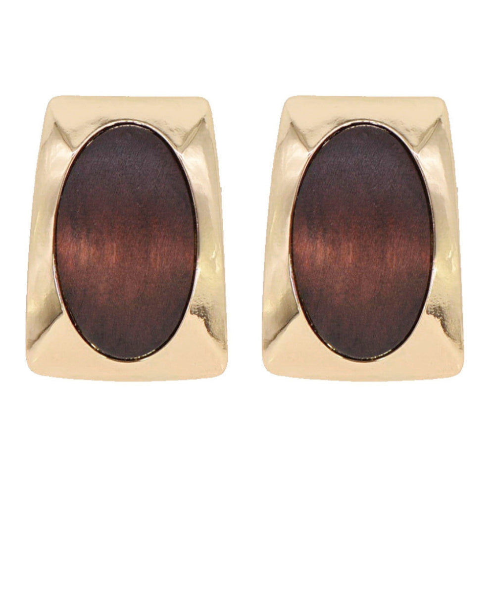 Square & Oval Stone Earrings - Brown