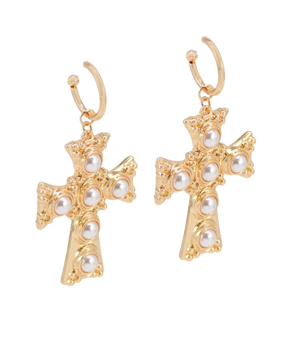 Pave Pearl Cross Dangle Earrings - Cream