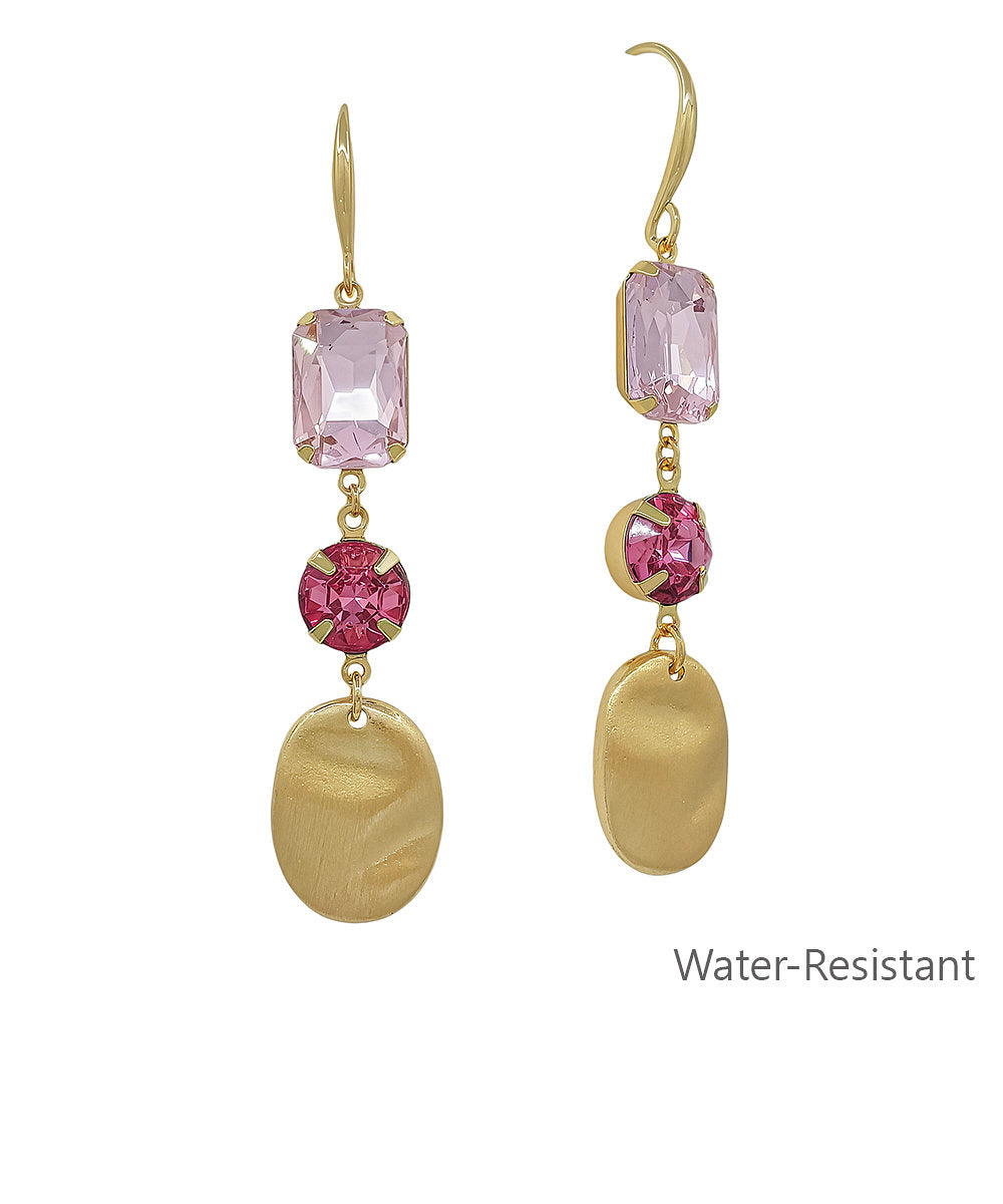 3 Crystal & Metal Drop Earrings - Pink/Gold
