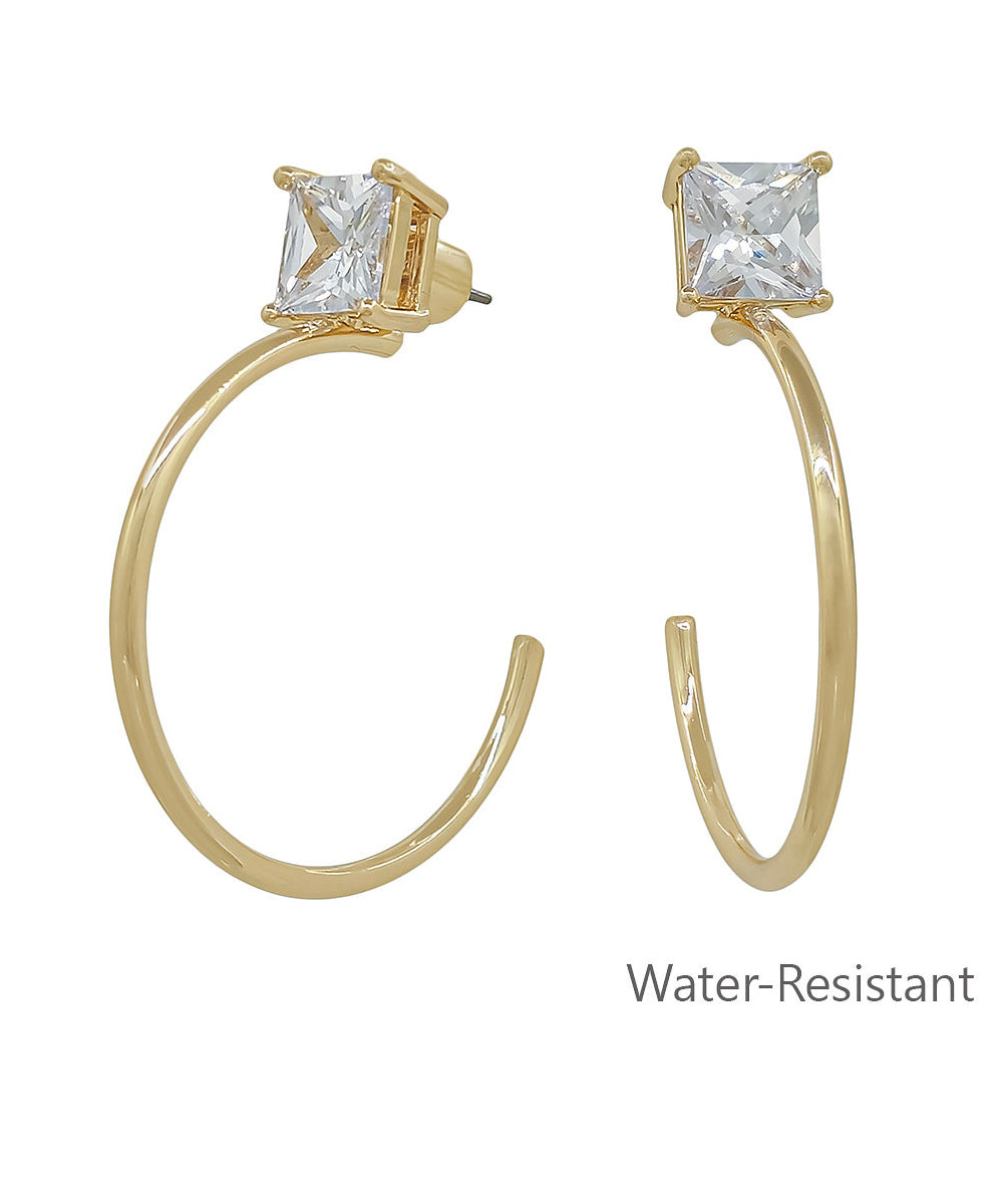 Square Crystal & Metal Hoop Earrings - Gold/Clear