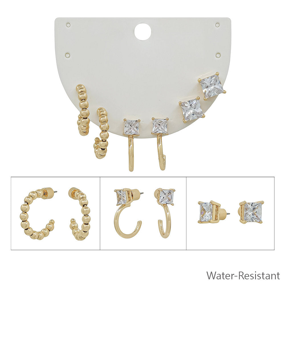 3 Set Square Crystal Hoop Earrings - Gold/Clear