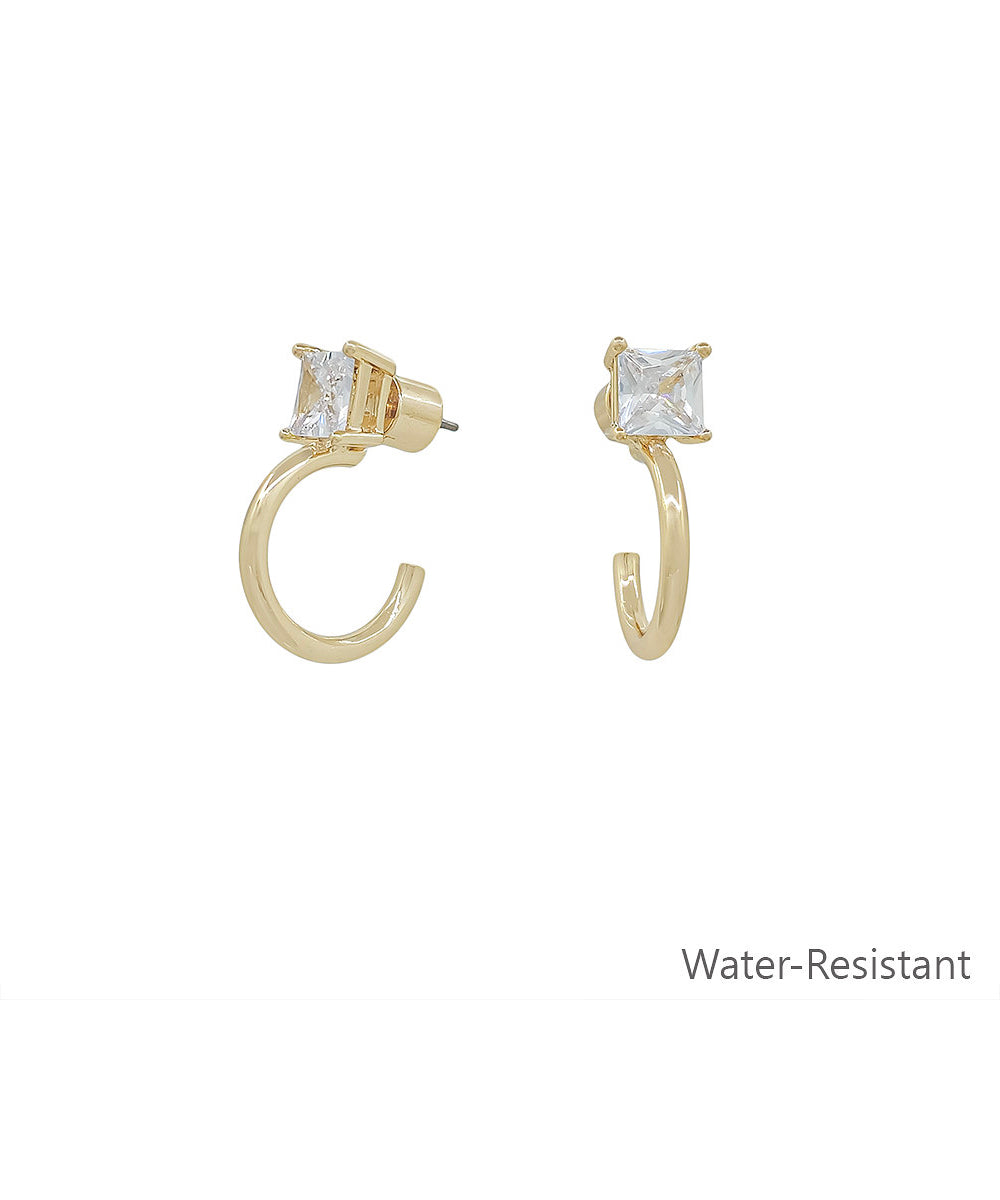 8mm Square Crystal Hoop Earrings - Gold/CLear
