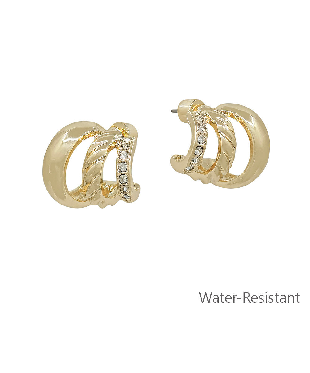 3 Layer Pave & Textured Metal Hoop Earrings - Gold