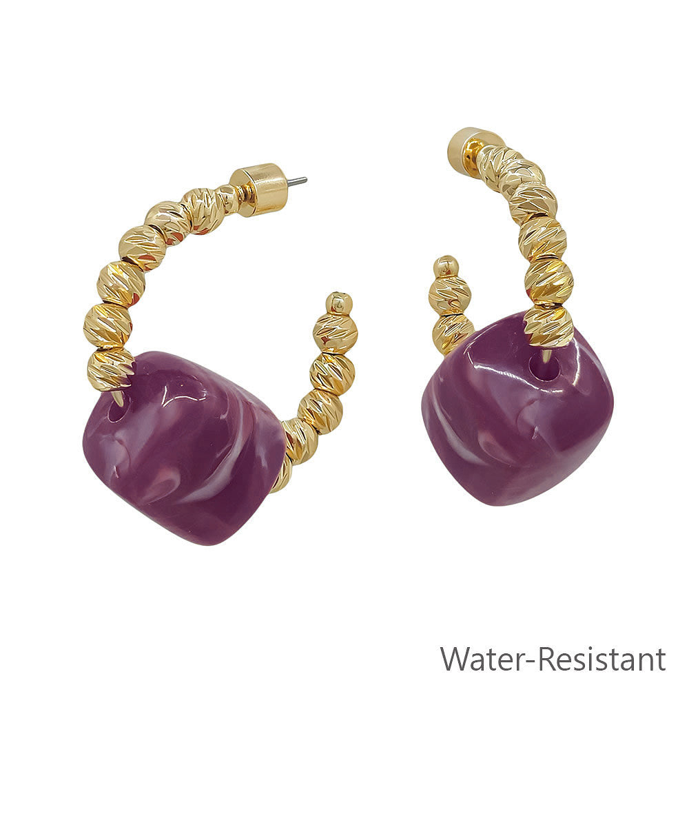 Bead Accent Textured Hoop Earrings - Purple
