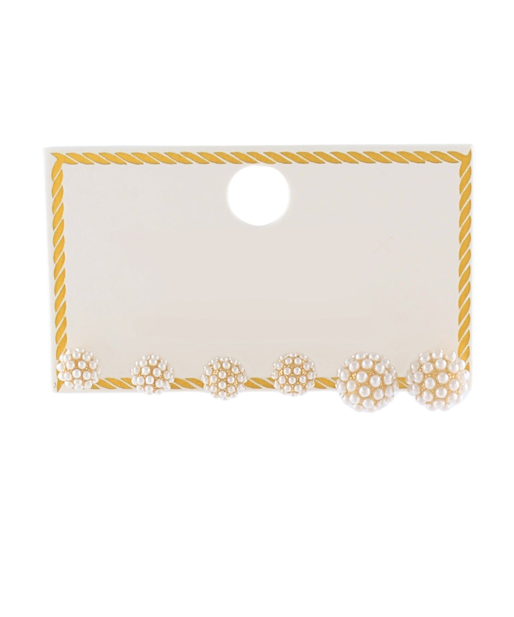 3 Pair Pave Pearl Ball Earring Set - Cream