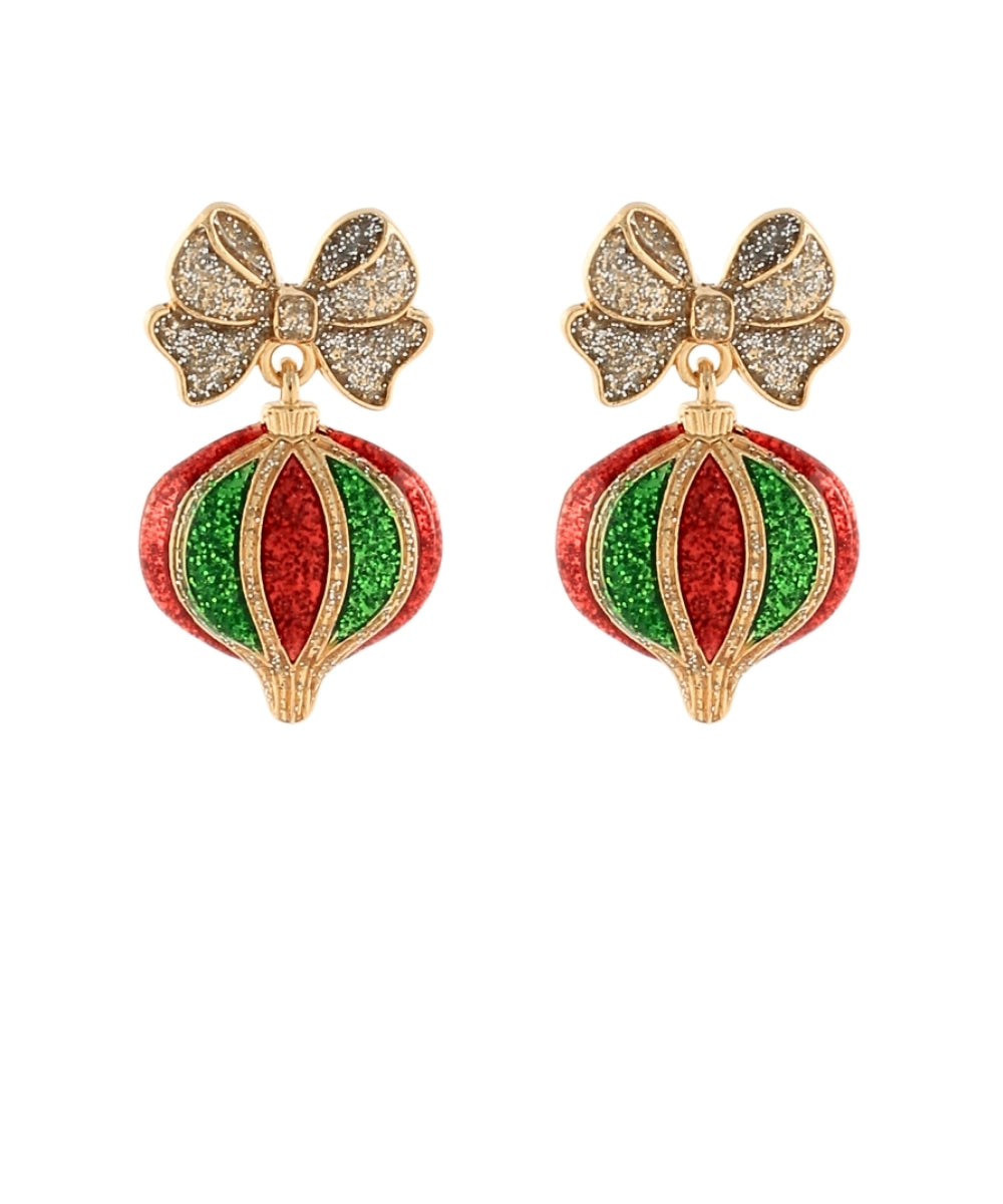 Christmas Ornamentt w/Bow Earrings - Red/Green