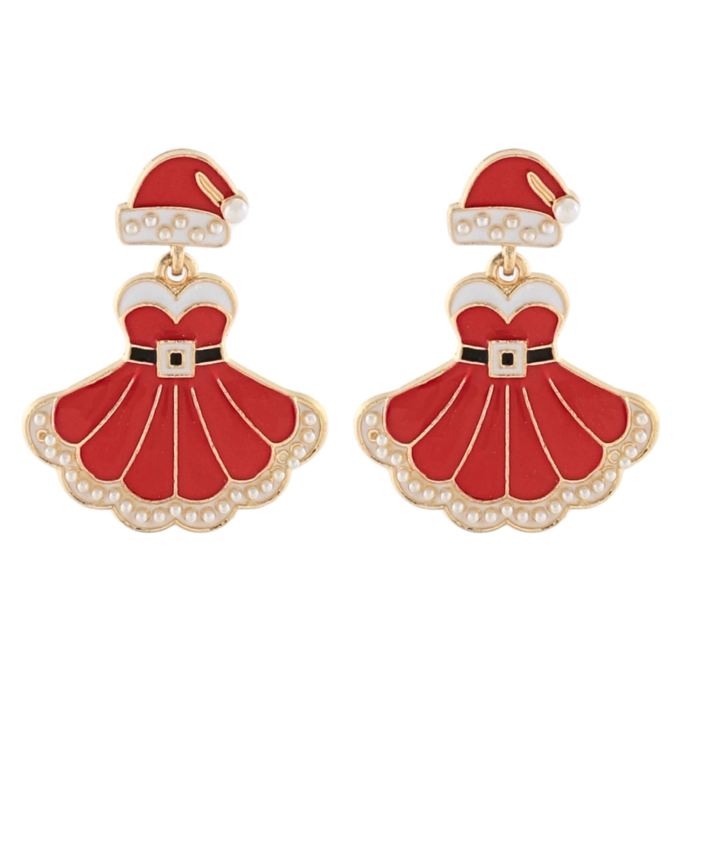 Christmas Santa Dress Earrings - Red/White