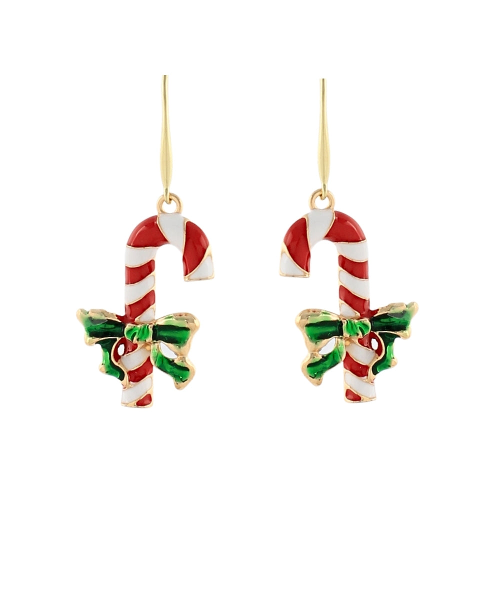 Christmas Candy Cane w/Bow Earrings - Red/Green