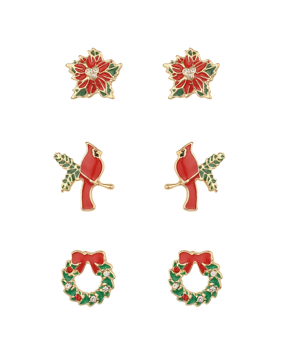 Christmas Theme 3 Pair Earring Set - Red/Green