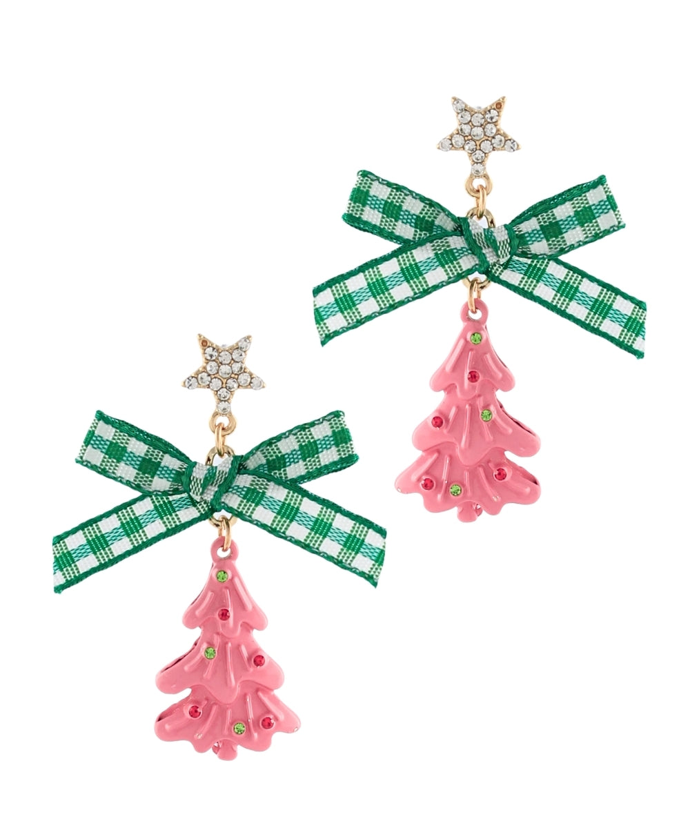 Christmas Tree w/Bow Earrings - Pink/Green