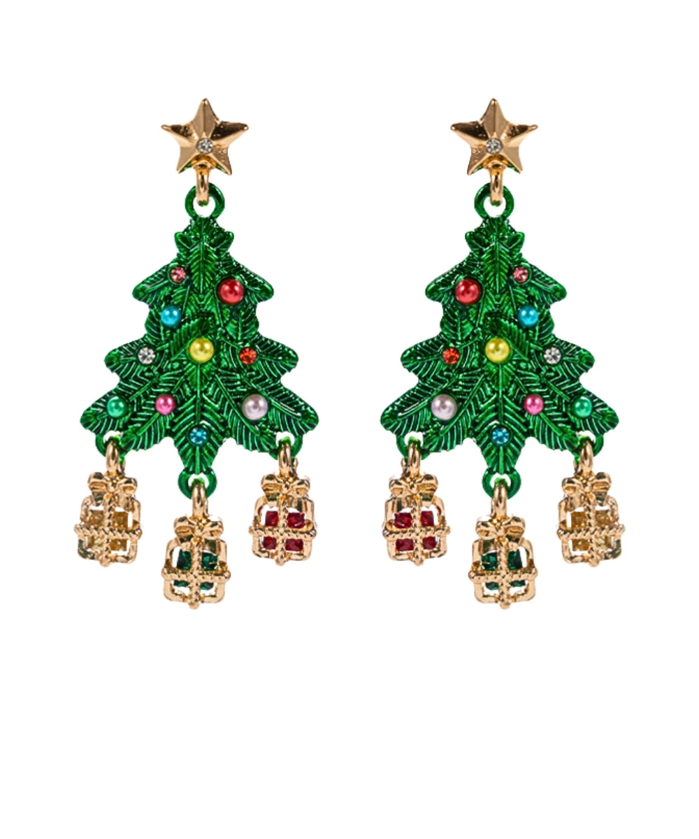 Christmas Tree w/Gift Box Earrings - Green/Multi