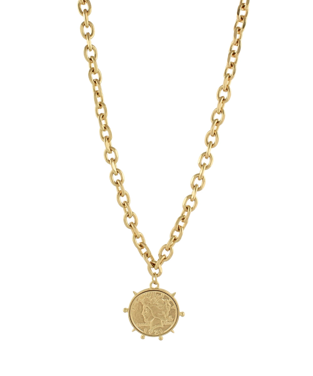 Textured Round Pendant Necklace - Worn Gold