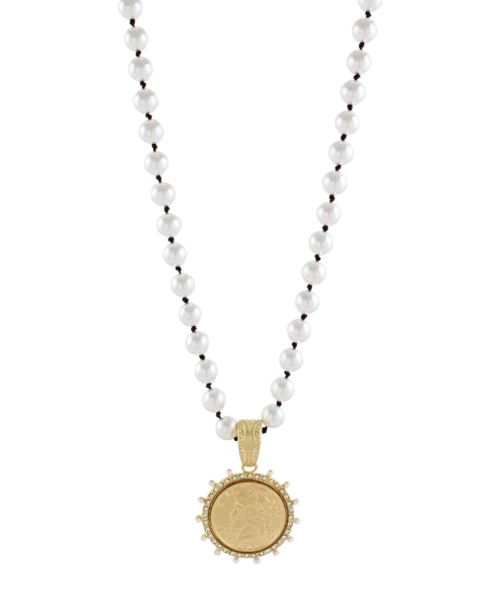 13mm Pearl & Pave Pendant Necklace - Cream/Worn Gold