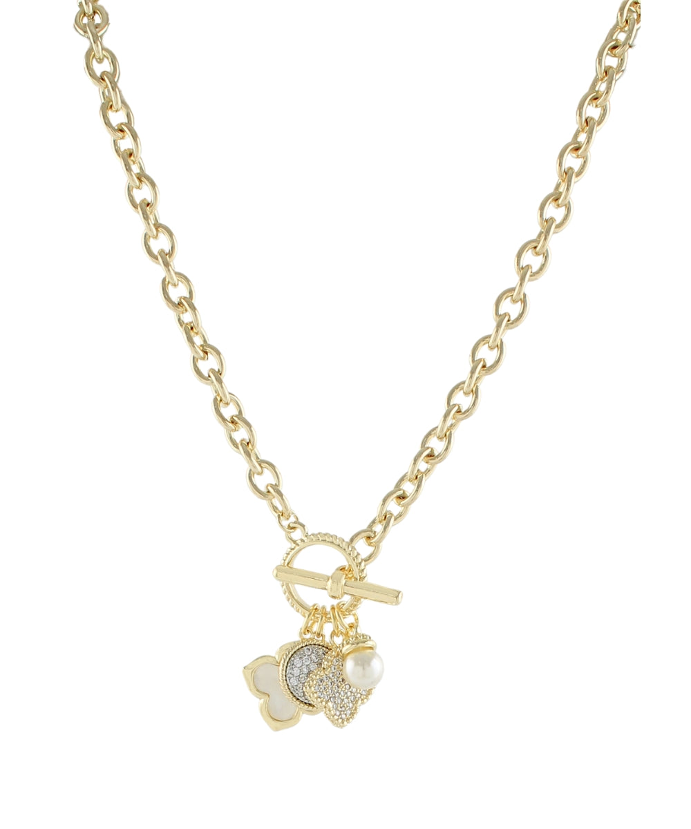 MOP & CZ Clover Multi Charm & Pearl Necklace - Gold