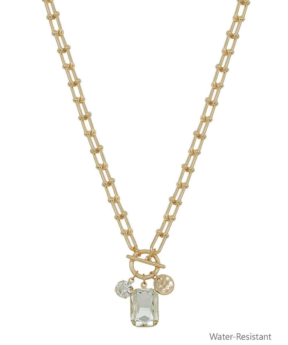 Rectangle Crystal Drop Necklace - Gold/Clear