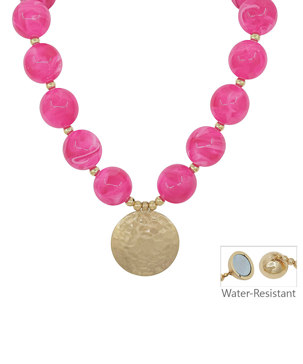 20mm Bead & Metal Disk Necklace - Fuchsia