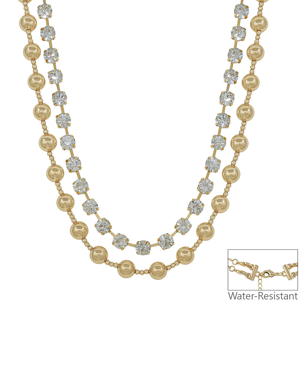 2 Layer Crystal & Metal Ball Necklace - Gold/Clear