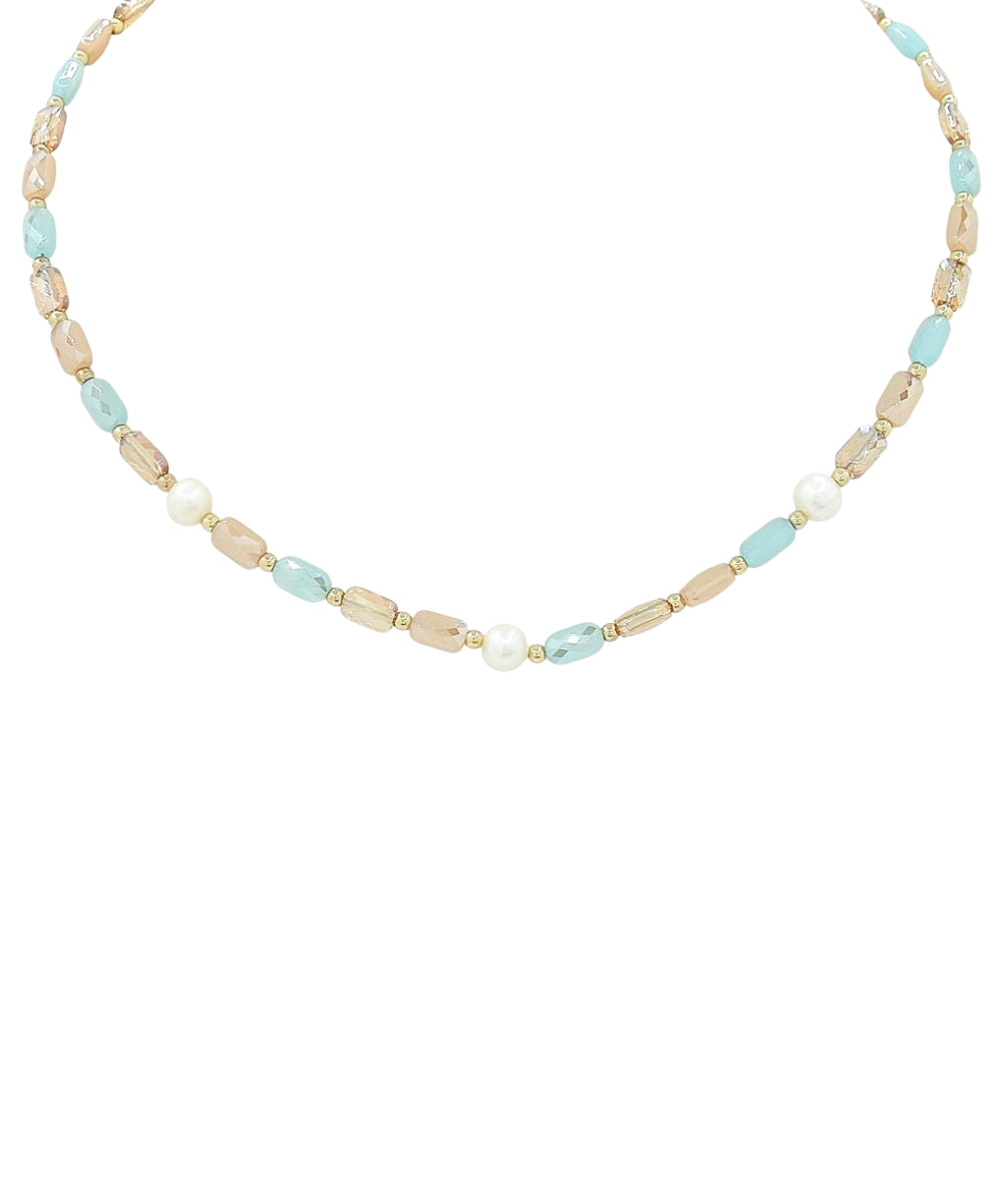 Glass Bead & Pearl Station Choker - Mint Multi