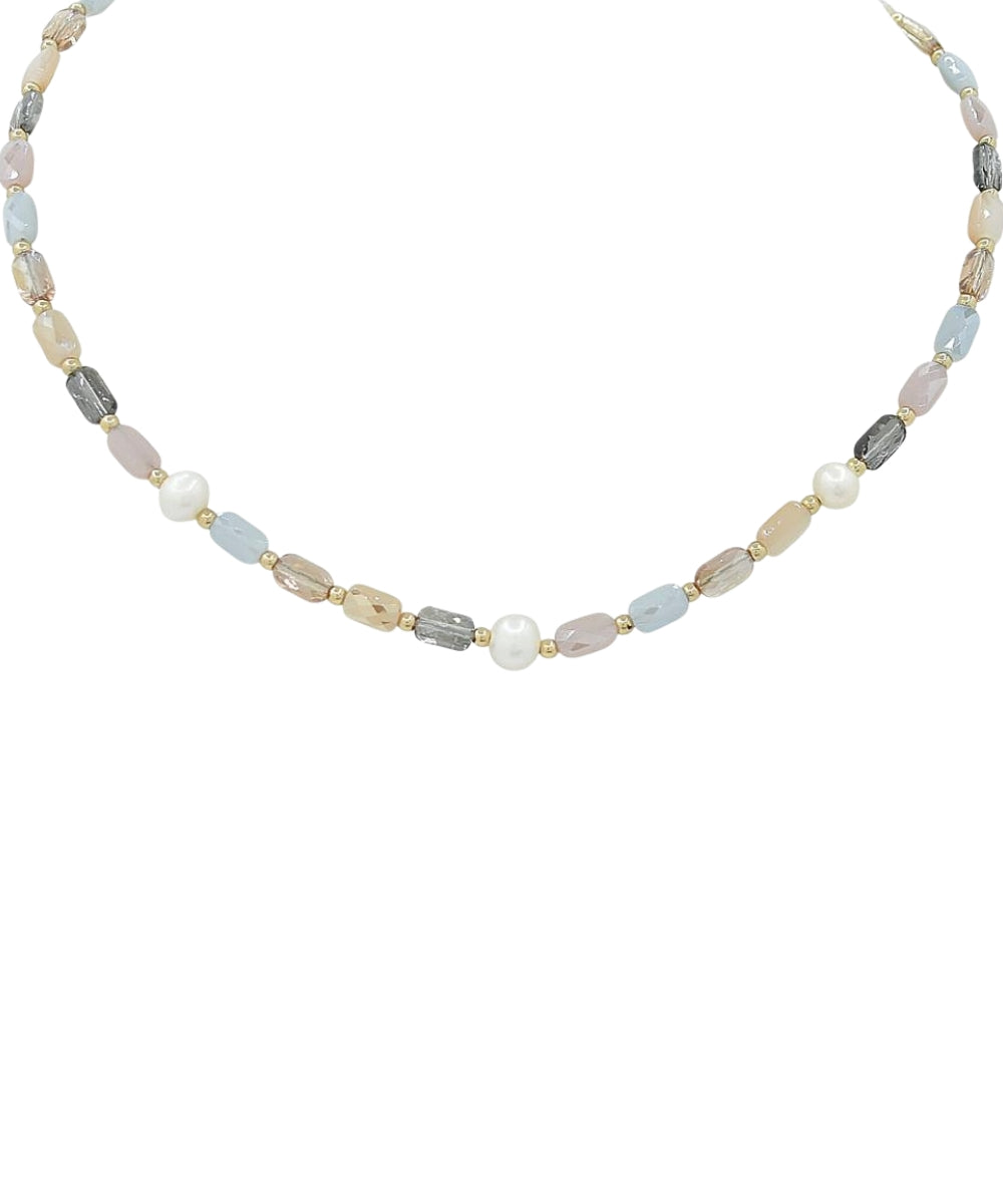Glass Bead & Pearl Station Choker - Light Blue Multi