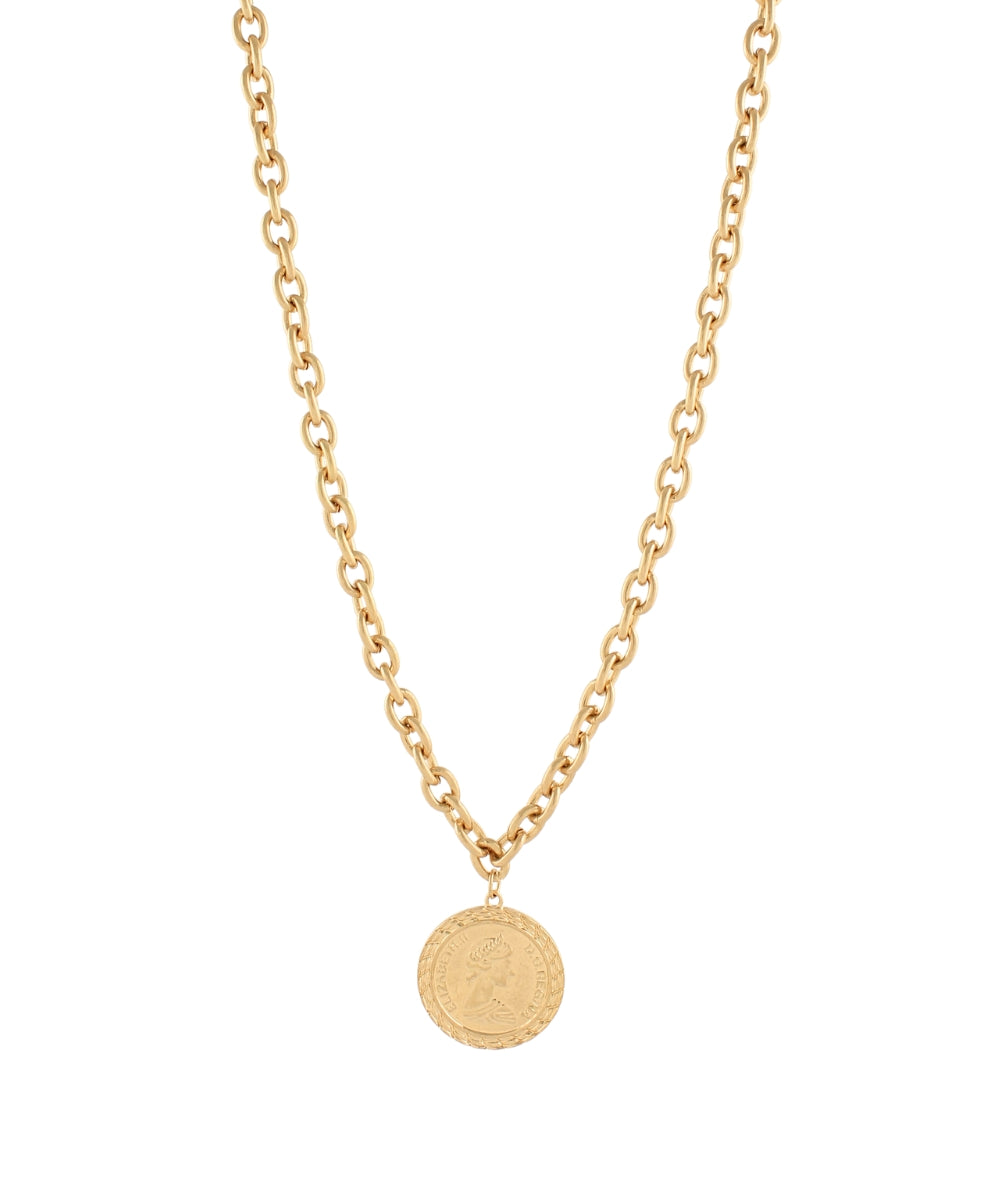 Coin Pendant Chain Necklace - Worn Gold