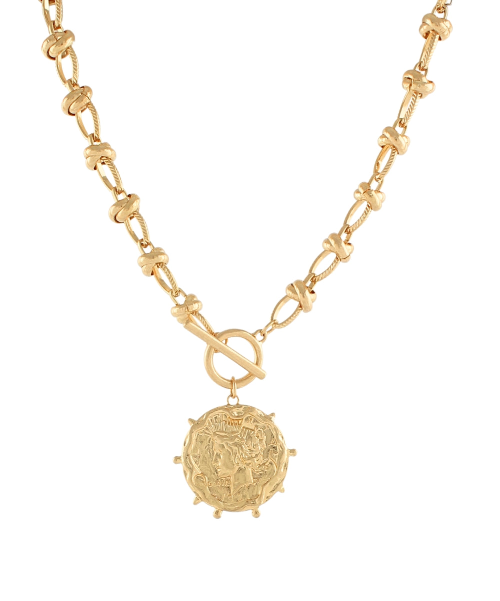 Coin Pendant Chain Necklace - Worn Gold