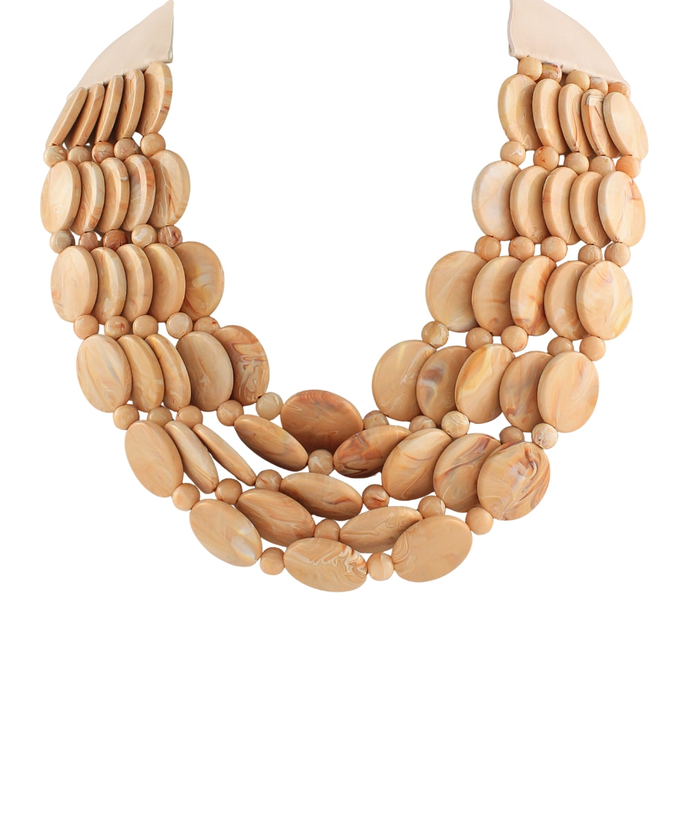 5 Row Marble Disk Bead Statement Necklace - BEIGE