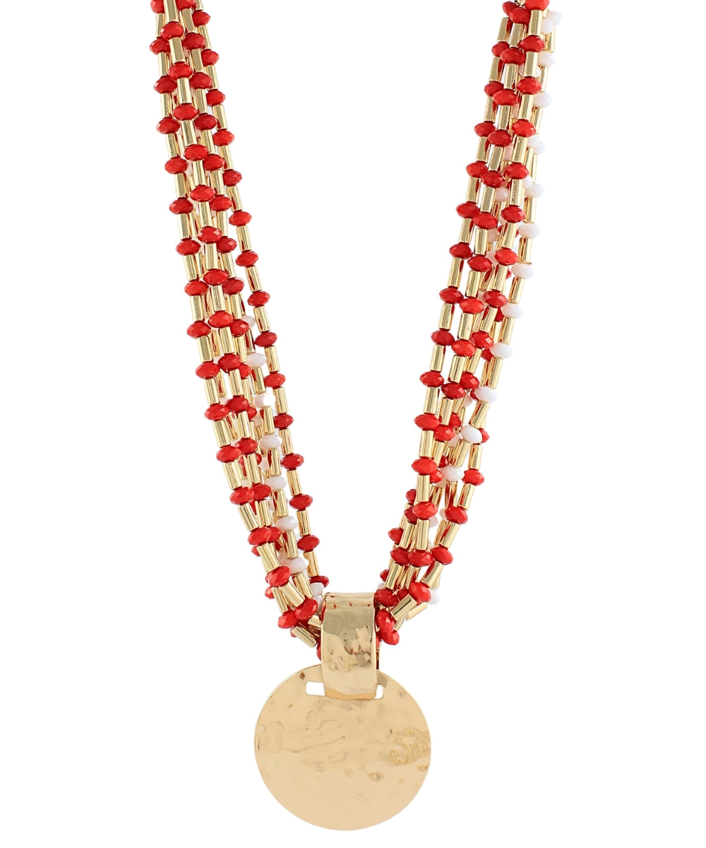 GAMEDAY 7 Layered Bead & Round Necklace - Red/White
