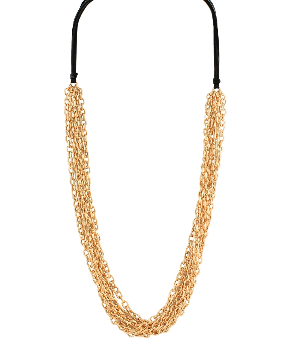 6 Layered Chain & Leather Necklace - Gold/Black