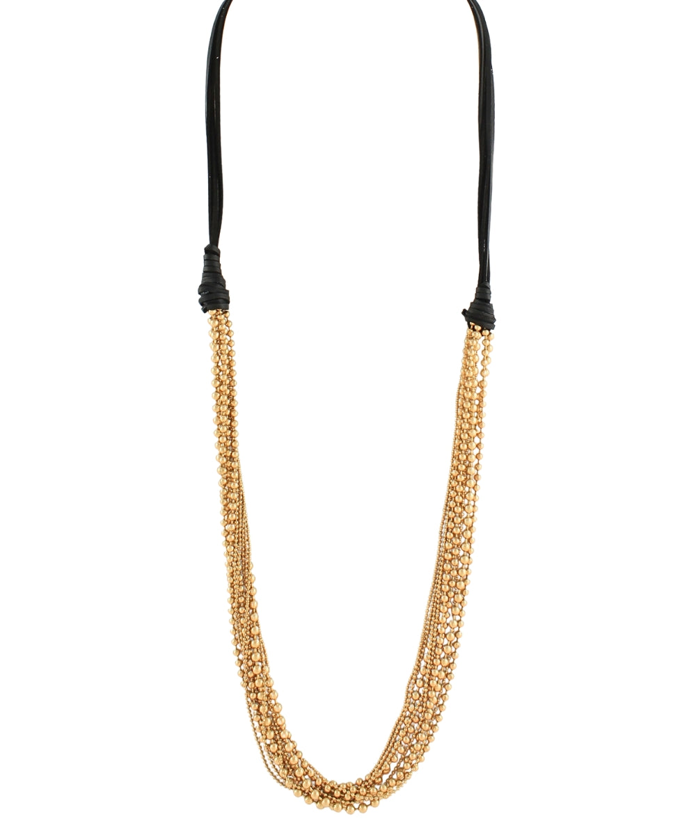 6 Layered CCB Ball & Leather Necklace - Worn Gold