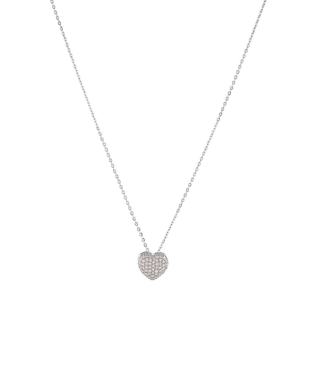 Pave CZ Puffy Heart Necklace - Rhodium