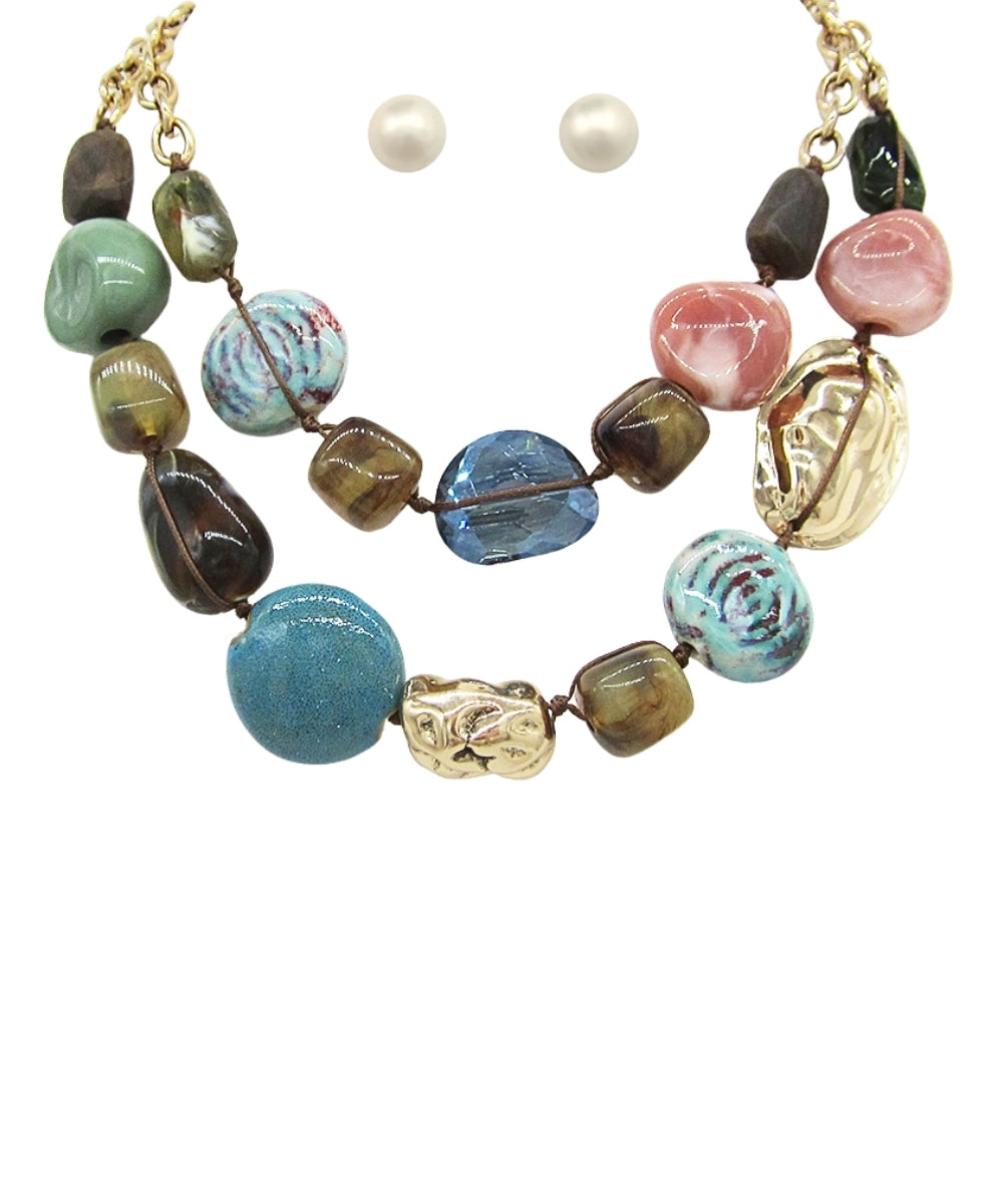 Layered Ceramic Bead Necklace - Multi/Gold
