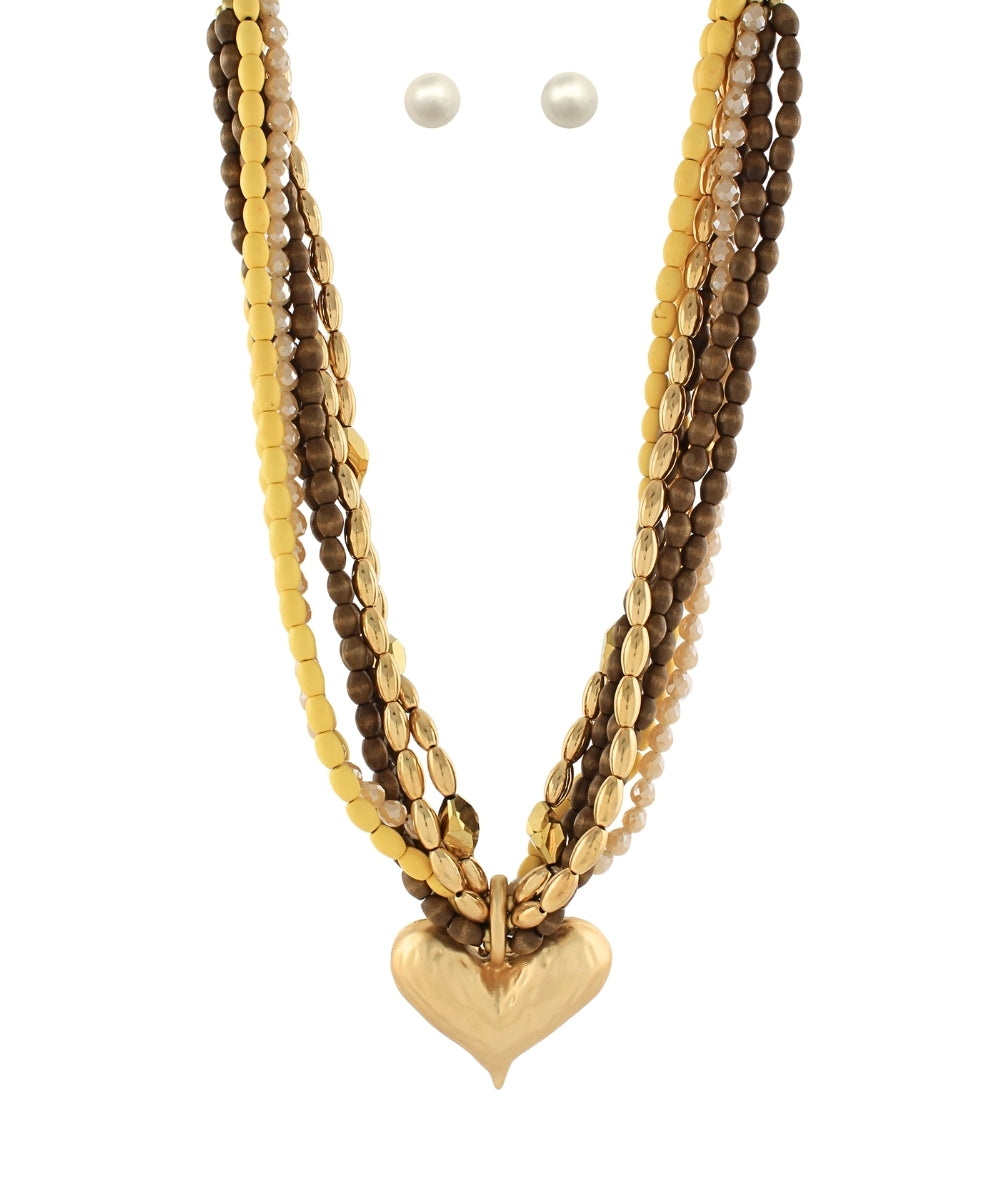 Puffed Heart Multi Row Bead Necklace - Multi/Gold