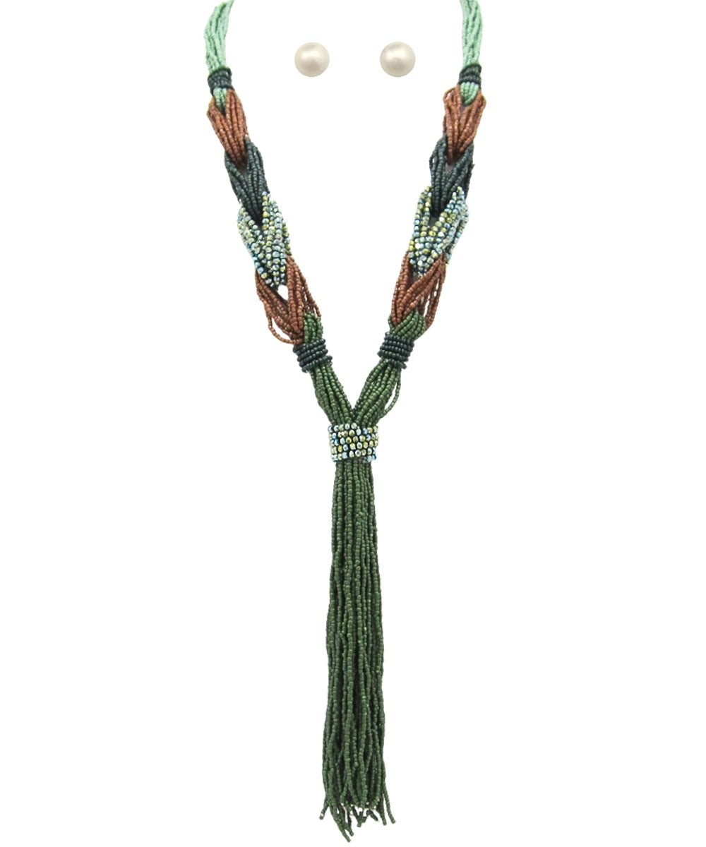 Braided Beaded Tassel Necklace - Green Multi