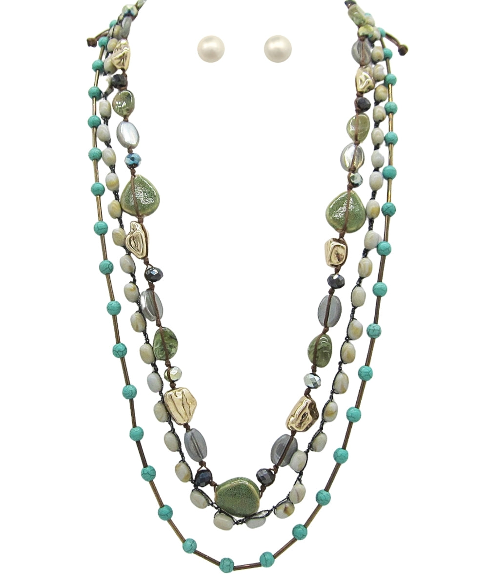 Mixed Bead Multi Strand Necklace - OLIVE