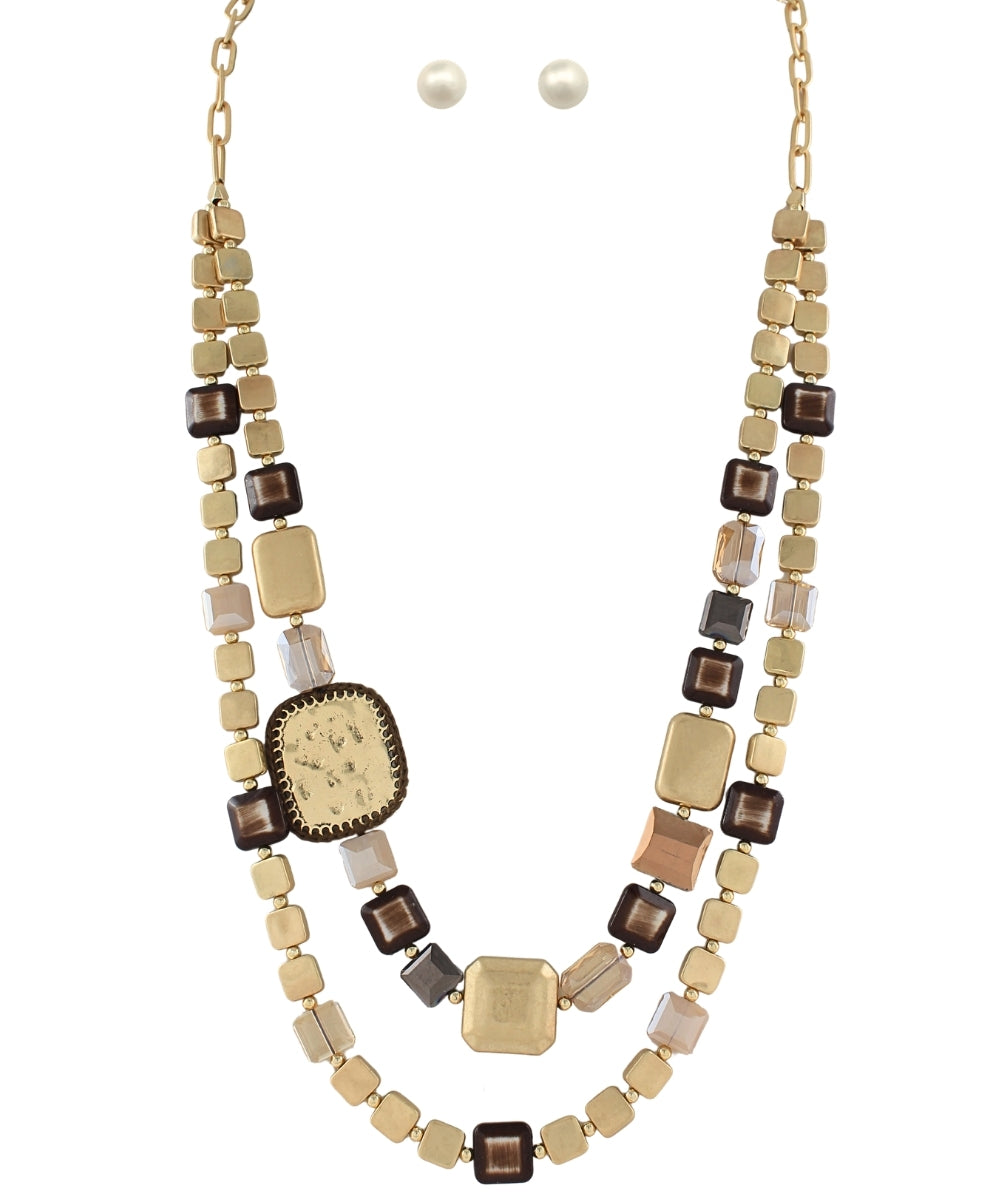 Layered Square Bead Necklace - Beige/Multi