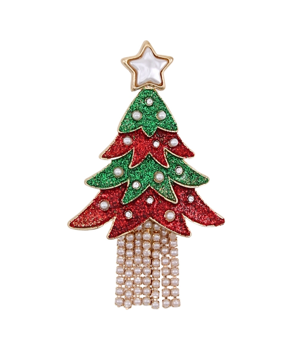 Christmas Tree & Fringe Pearl Brooch Pin - Red/Green