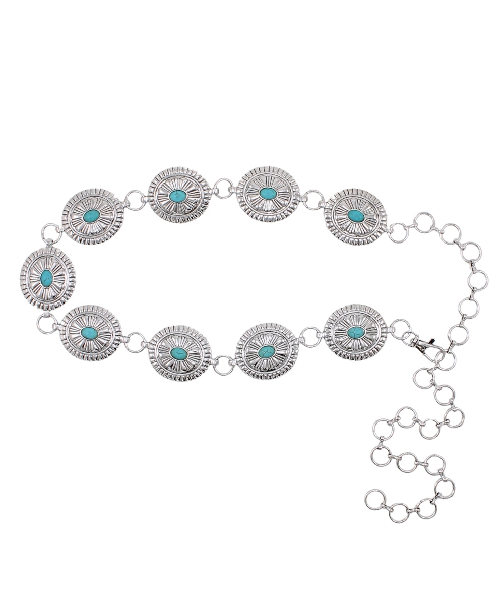 Western Oval w/Stone Link Metal Belt - Rhodium/Turquoise
